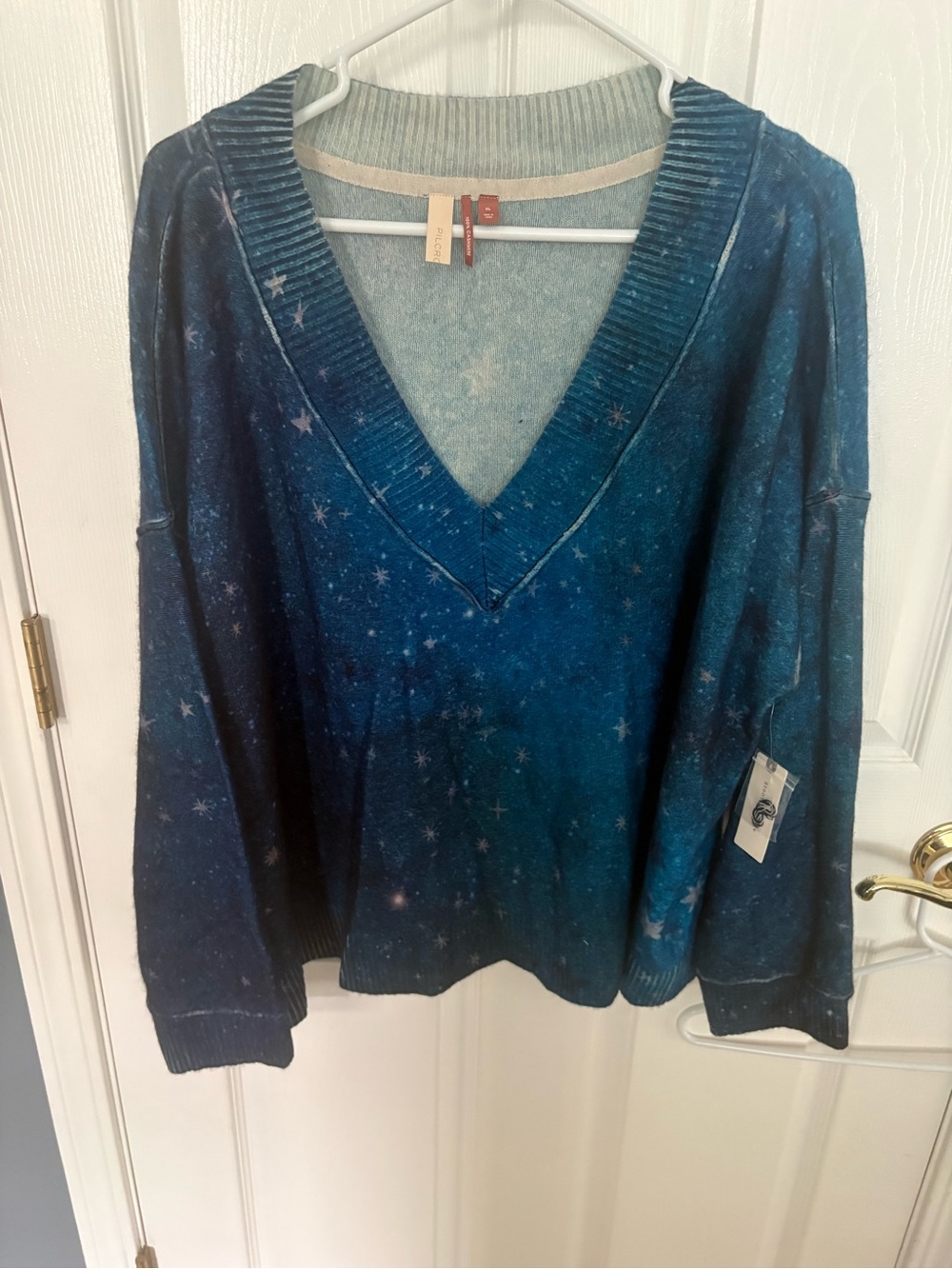 NWT Anthropologie Navy Blue Star-Print V-Neck Cashmere Sweater XL